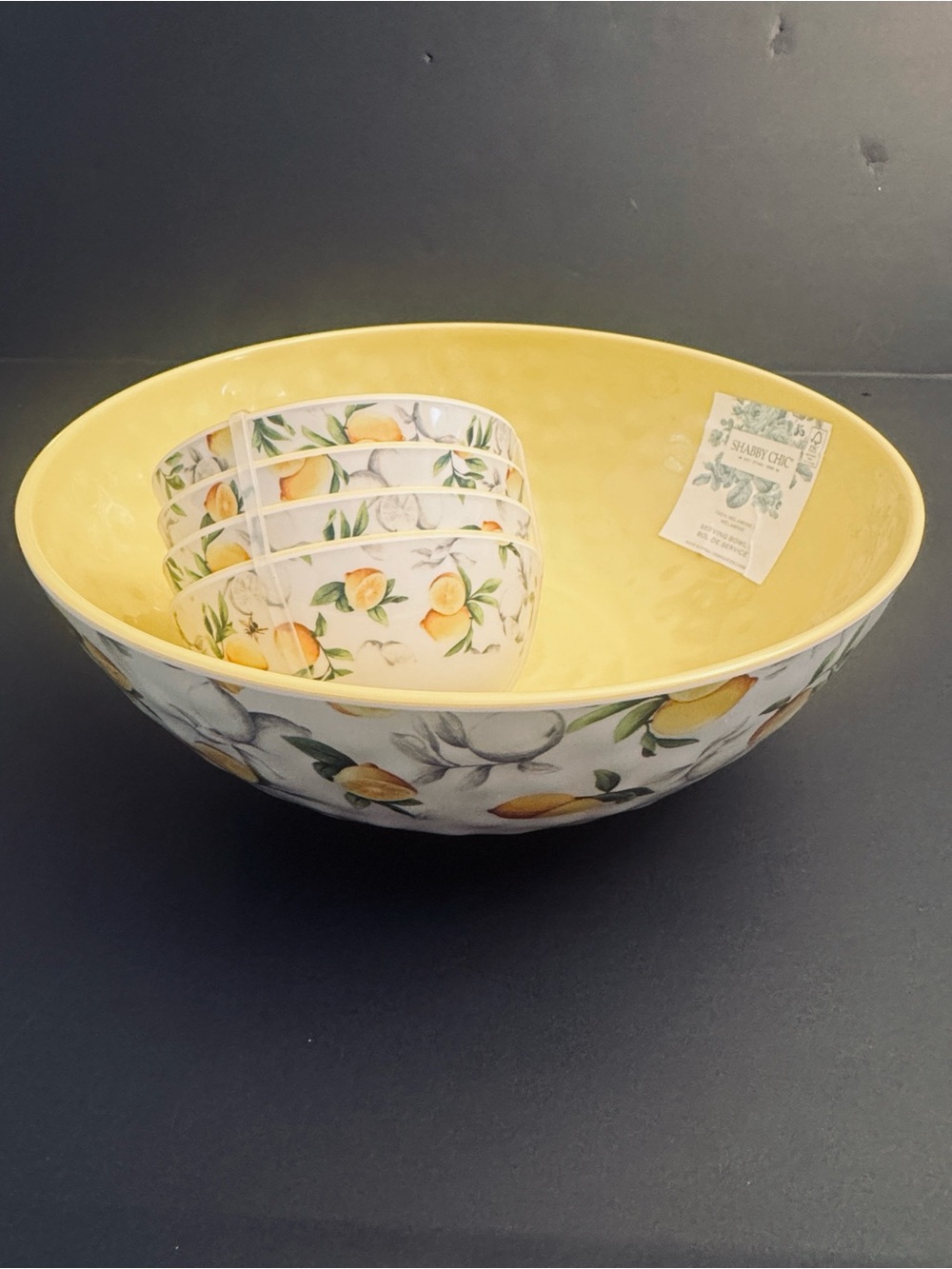 5pc SHABBY CHIC Melamine Citrus Pattern ServingBowl/DipBowl Set -Yellow Interior